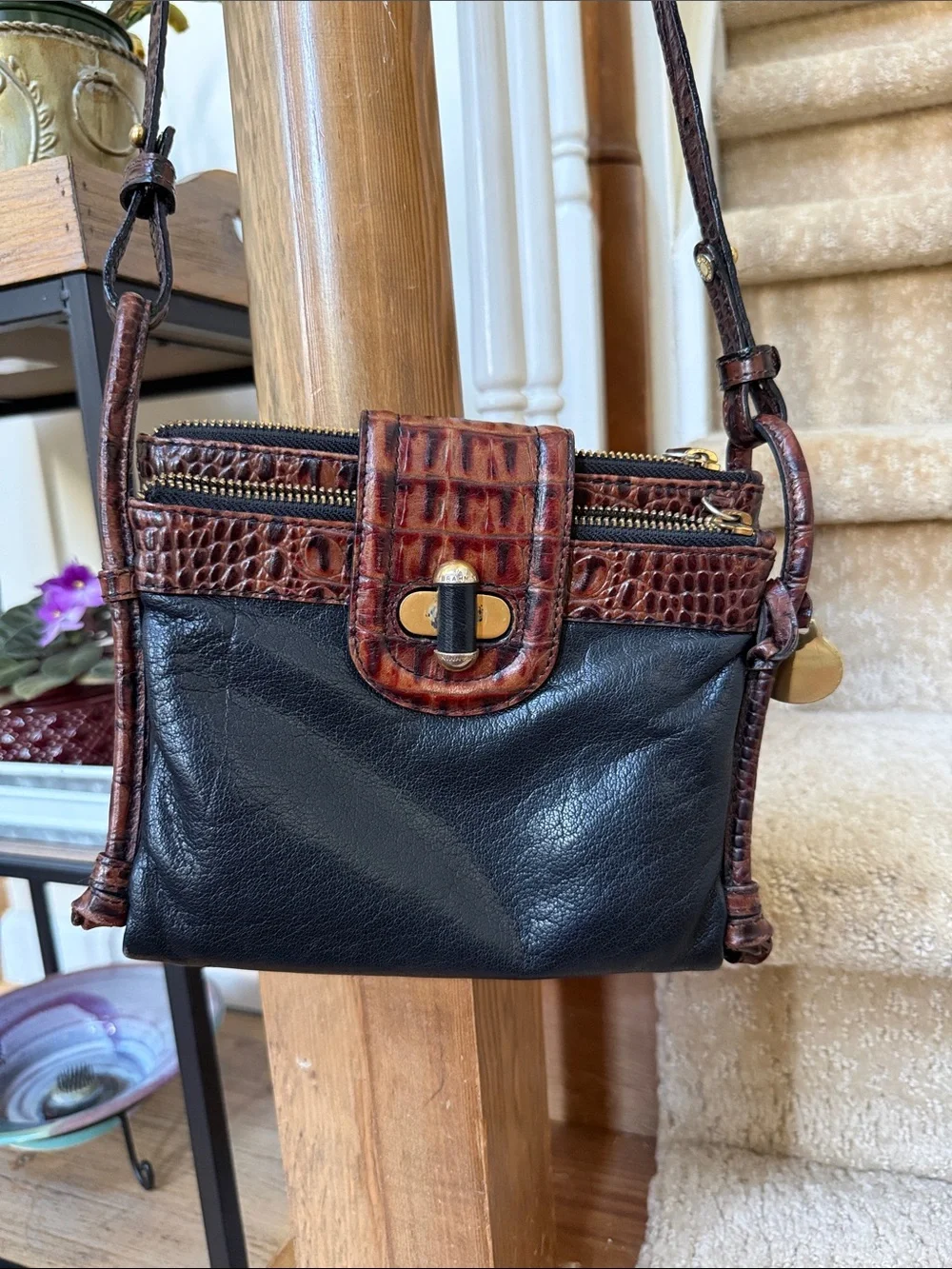 Brahmin Black Leather Crossbody with Brown Croc-Embossed Trim
